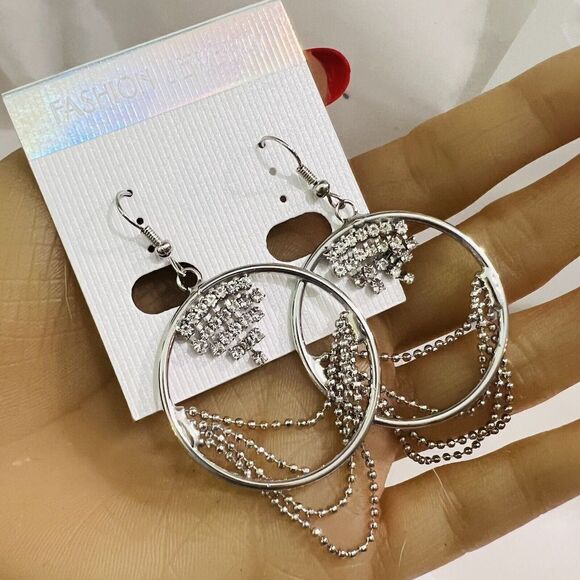 Rhinestone Dangle Earrings Drop Pierced Silver Tone Circle Bead Chains 2.5” - Picture 5 of 8